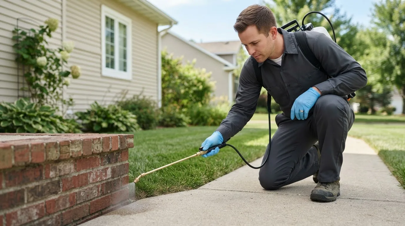 Pest control technician treating a home near Bloomington, IL