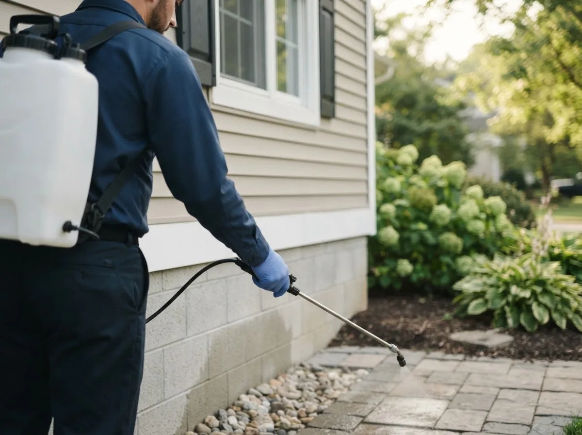 Pest control technician inspecting a home in Bloomington, IL